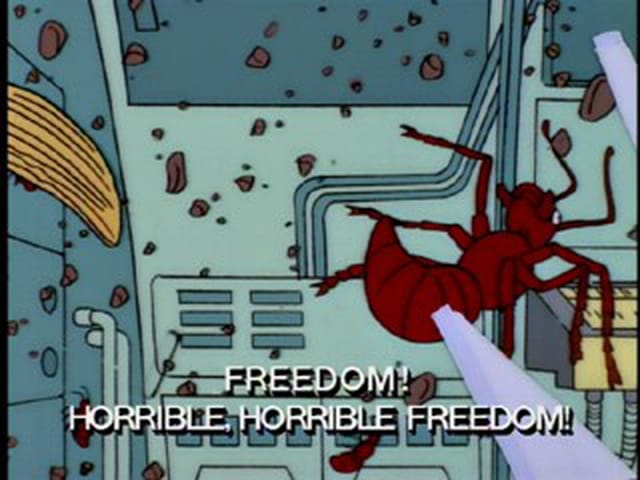 Ants and debris flying through zero-gravity on space station, screaming "Freedom! Horrible, horrible freedom!" Look, if you get it, you get it.